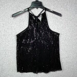 1.State Halter Camisole Top Women's‎ Medium Black Sequin Sleeveless Glam Blouse